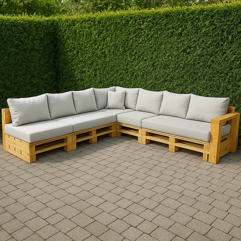 Salons de jardins en triangle avec buisson derriere
